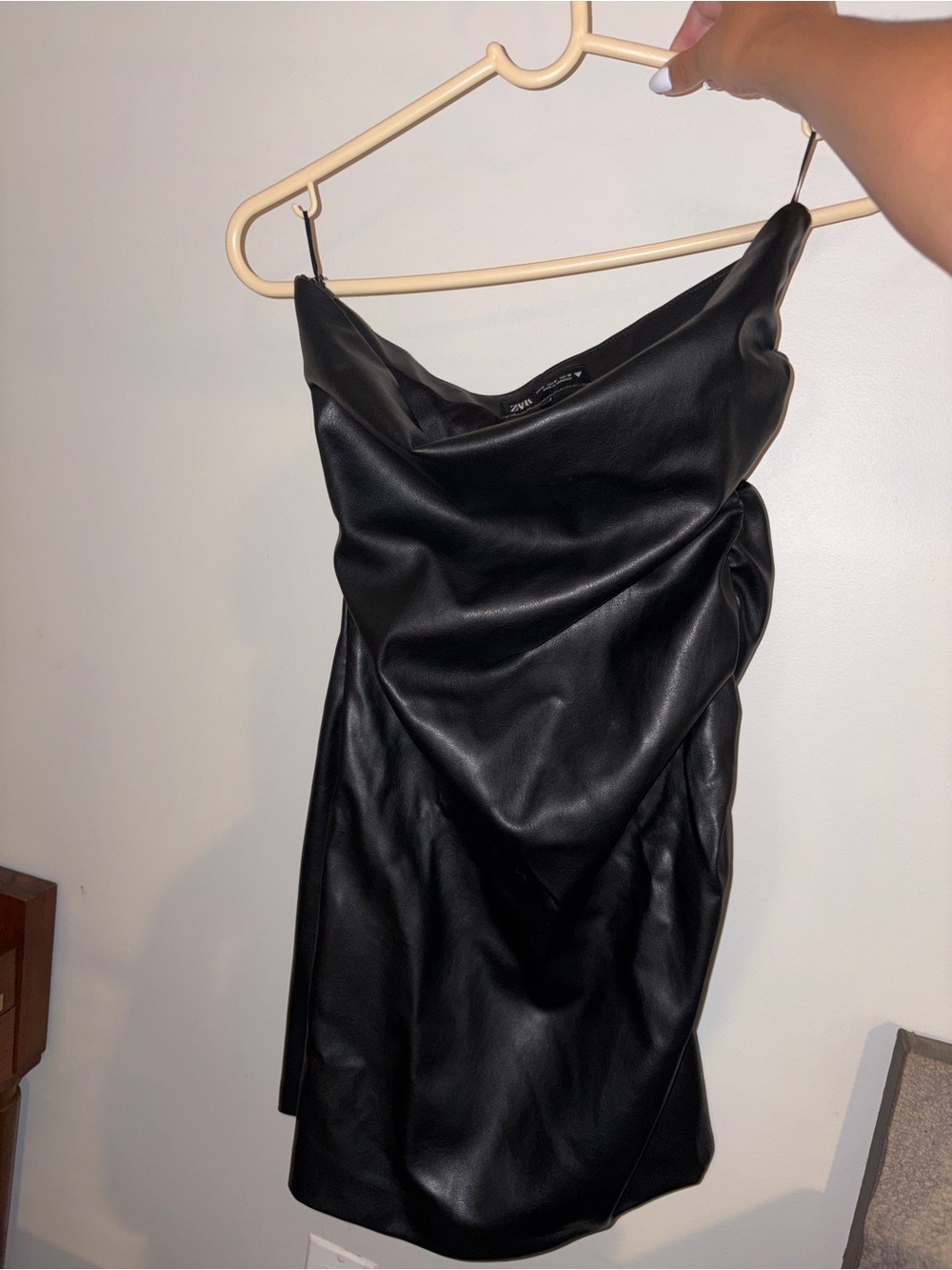 Zara Black Faux Leather Cowl Mini Dress